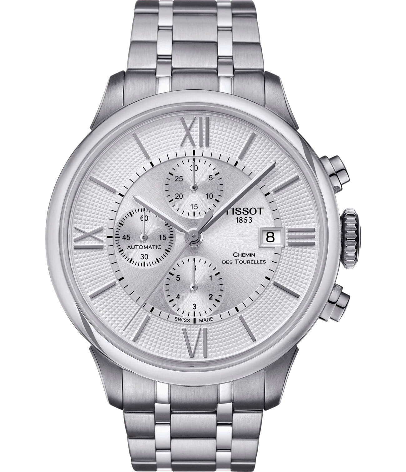 Tissot Tissot Chemin des Tourelles Chronograph T099.427.11.038.00 Chemin des Tourelles T0994271103800 механические мужские часы белый циферблат, браслет нержавеющая сталь — вид спереди