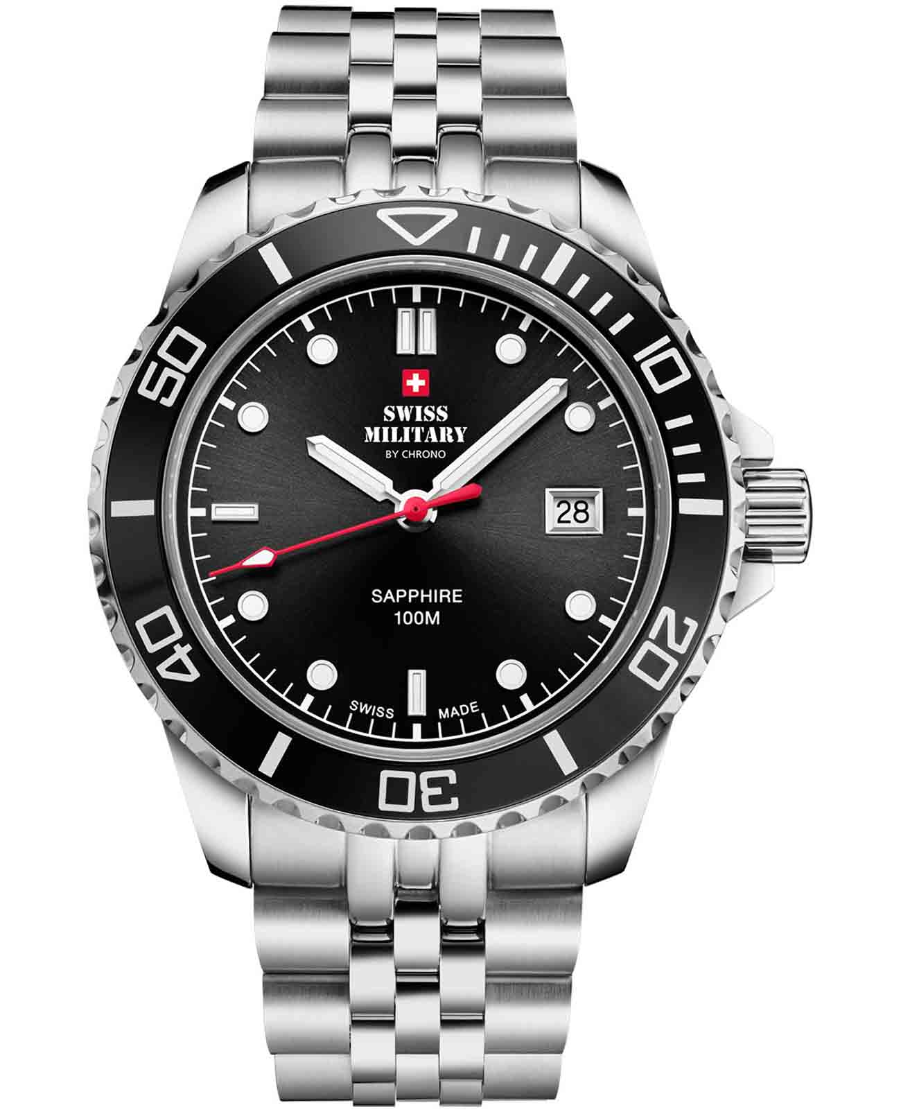 Swiss Military by Chrono Swiss Military by Chrono Sports SM34109.01  SM34109.01 кварцевые мужские часы черный циферблат, браслет нержавеющая сталь — вид спереди