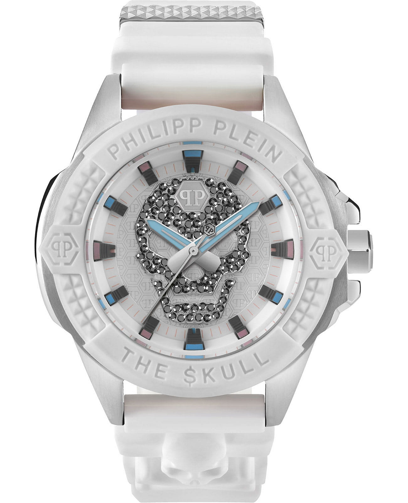 Philipp Plein Philipp Plein The Skull PWAAA1521  PWAAA1521 кварцевые мужские часы белый циферблат, браслет силикон — вид спереди