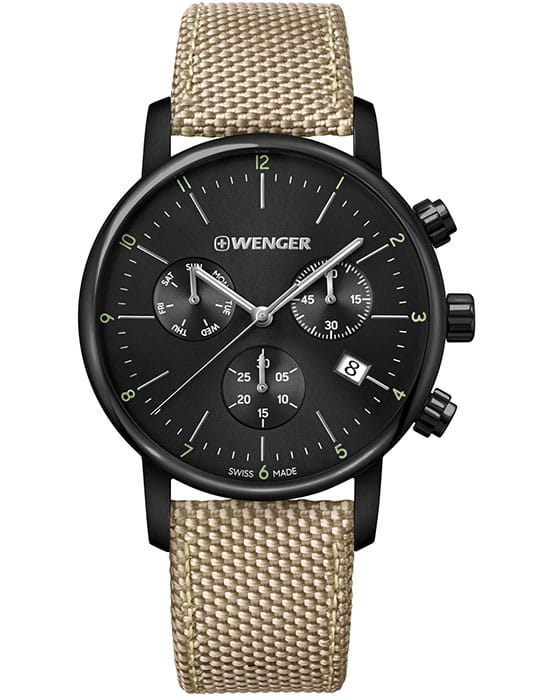 Wenger 01.1743.117  01.1743.117 кварцевые мужские часы черный циферблат, браслет кожа + нейлон — вид спереди