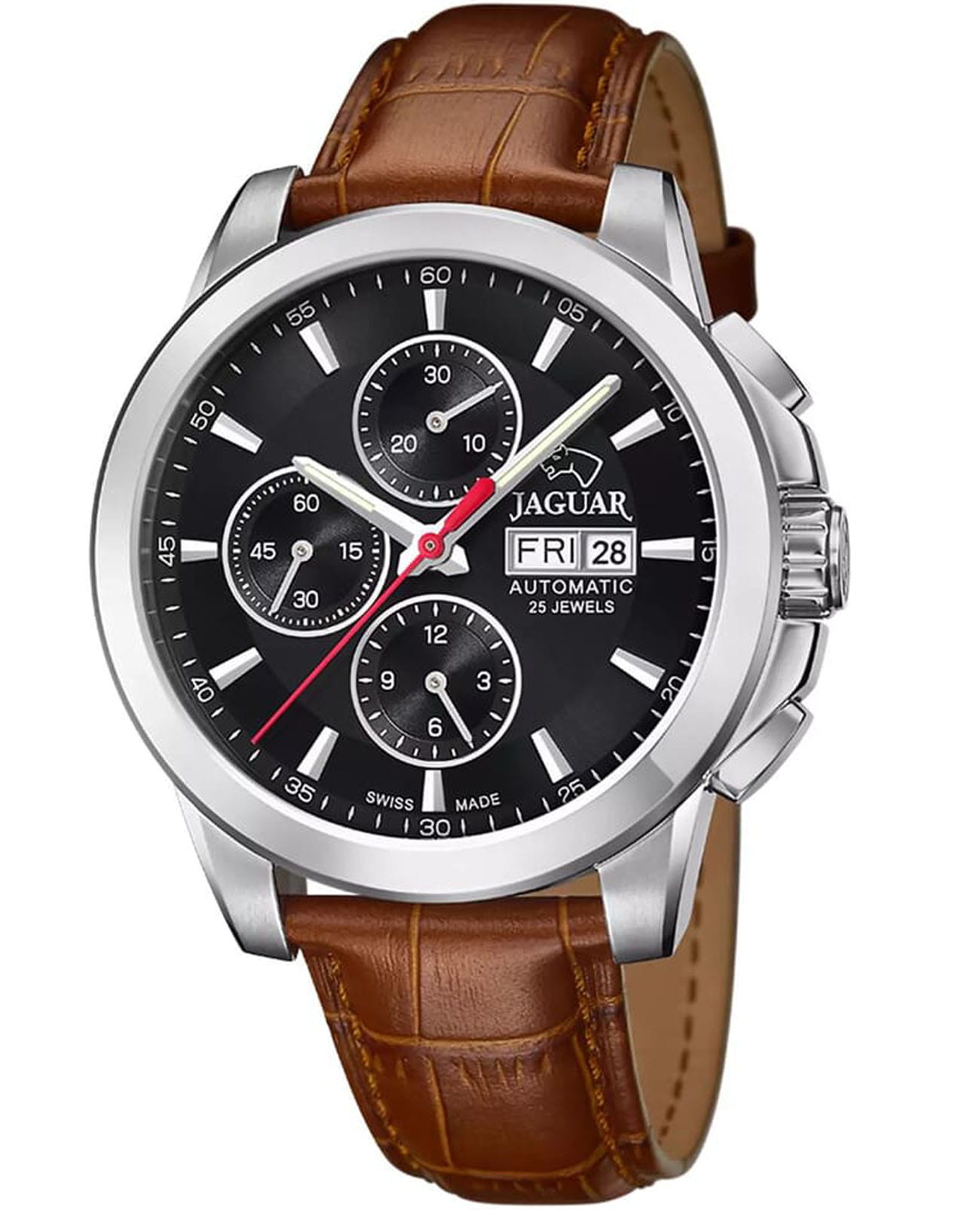 Jaguar Jaguar Le Chronographe J975/4  J975/4 механические мужские часы черный циферблат, браслет кожаный — вид спереди