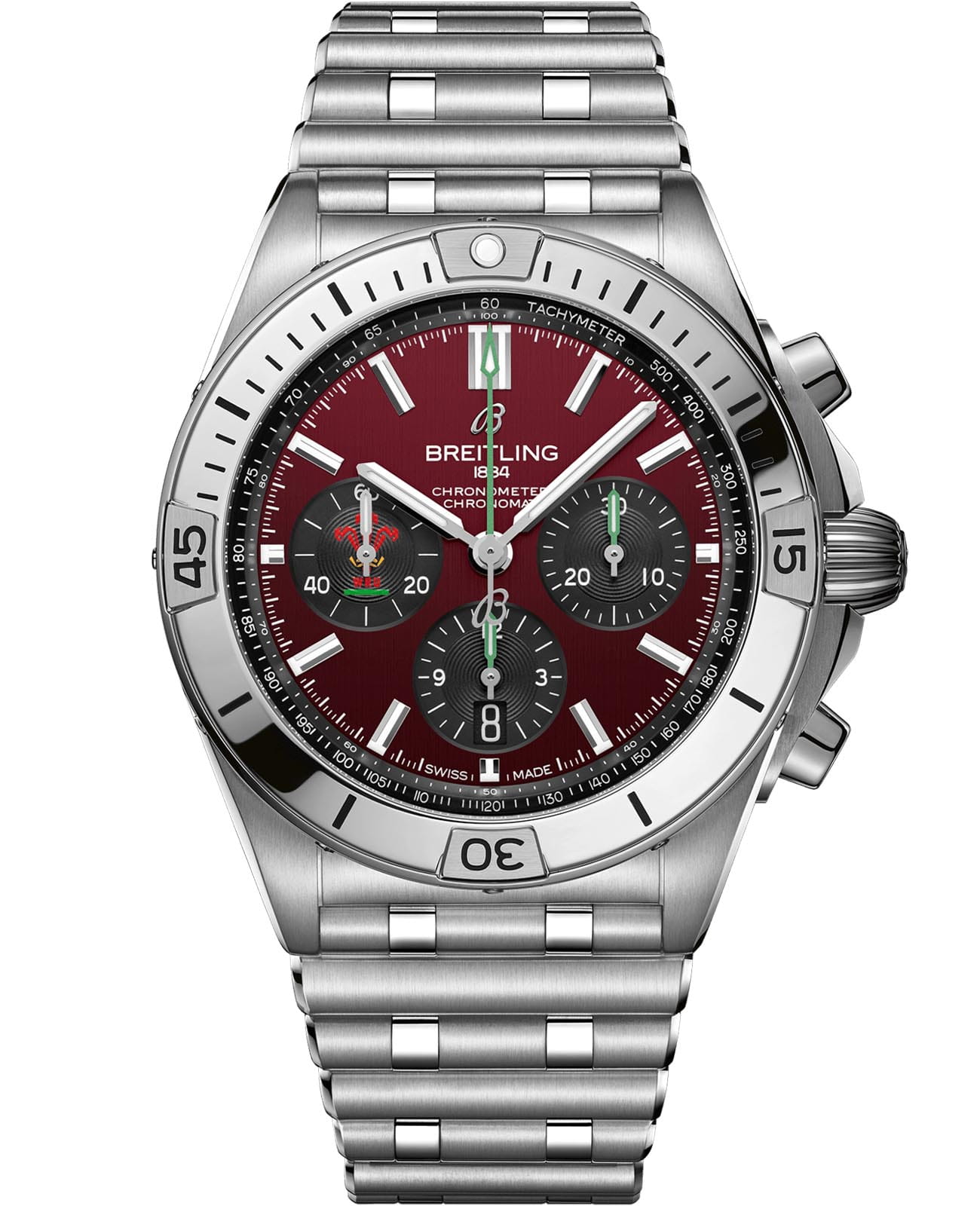 Breitling Breitling Chronomat B01 42 Six Nations Wales AB0134A61K1A1  AB0134A61K1A1 механические мужские часы бордовый циферблат, браслет нержавеющая сталь — вид спереди
