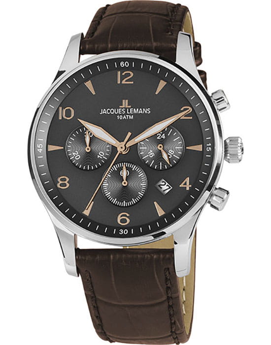 Jacques Lemans Jacques Lemans 1-1654ZK  1-1654ZK кварцевые мужские часы серый циферблат, браслет кожаный — вид спереди