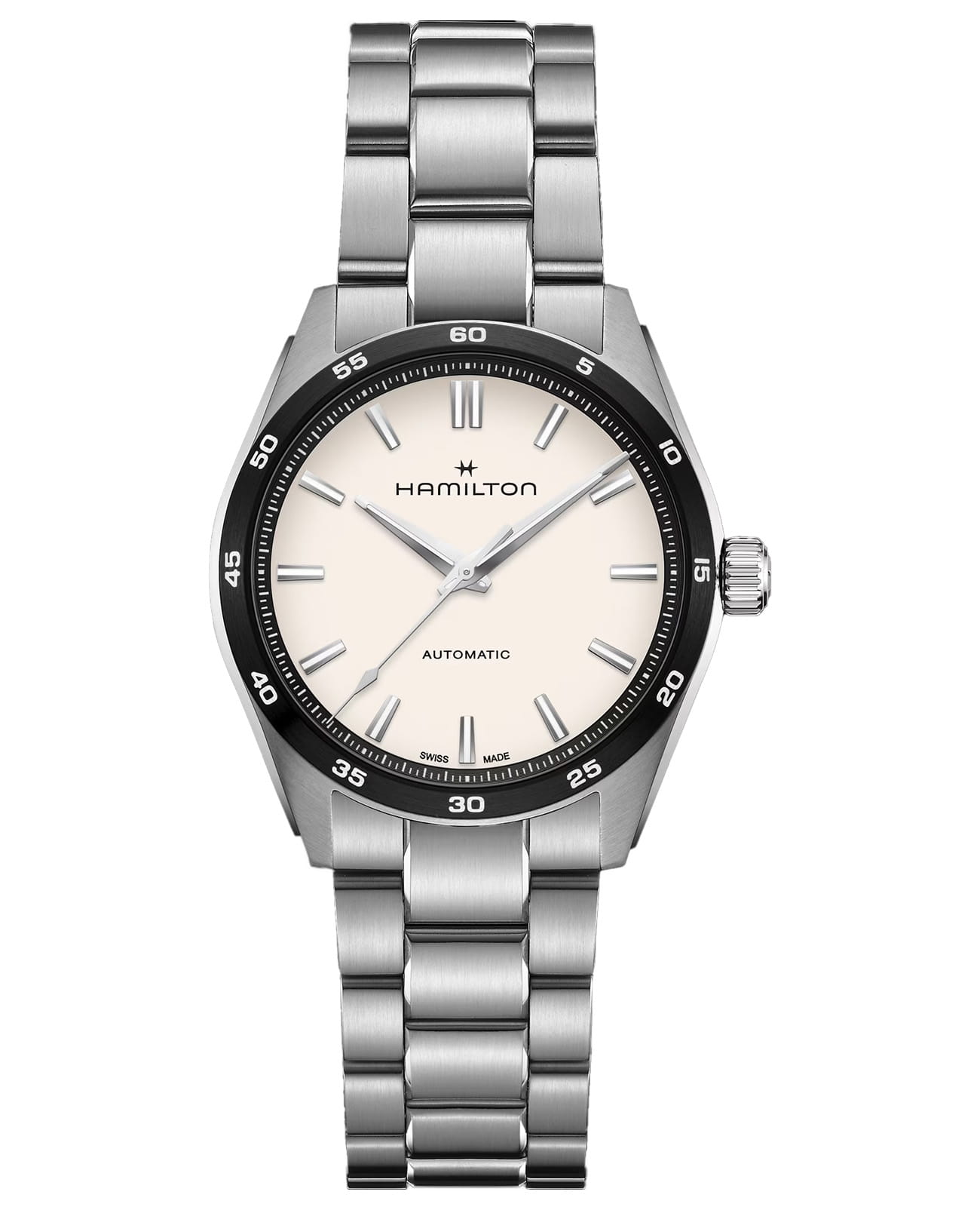 Hamilton Hamilton Jazzmaster Performer Auto H36205110  H36205110 механические мужские часы белый циферблат, браслет нержавеющая сталь — вид спереди