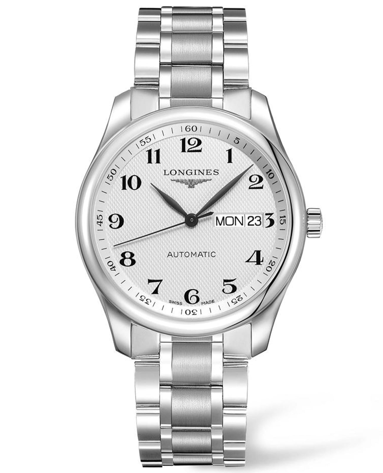 Longines Longines Master Collection L2.755.4.78.6  L27554786 механические мужские часы белый циферблат, браслет нержавеющая сталь — вид спереди