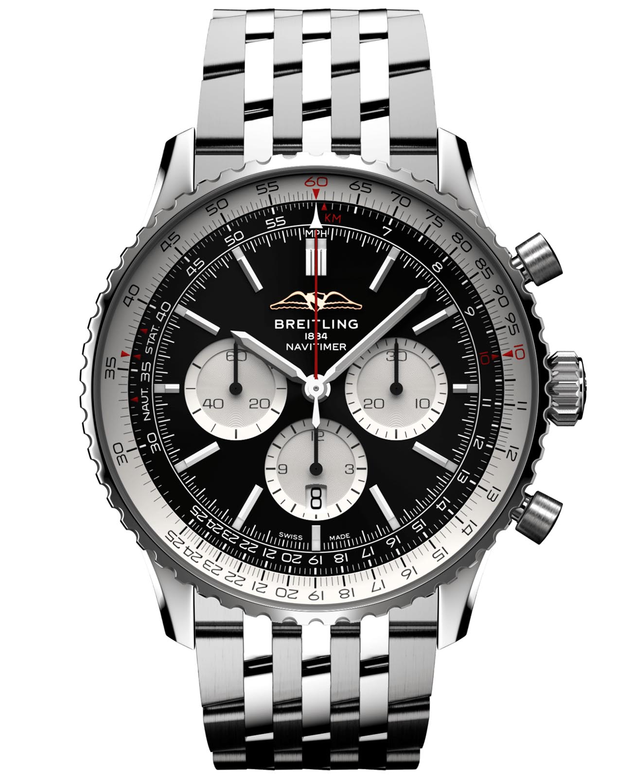 Breitling Breitling Navitimer B01 Chronograph 46 AB0137211B1A1  AB0137211B1A1 механические мужские часы черный циферблат, браслет нержавеющая сталь — вид спереди