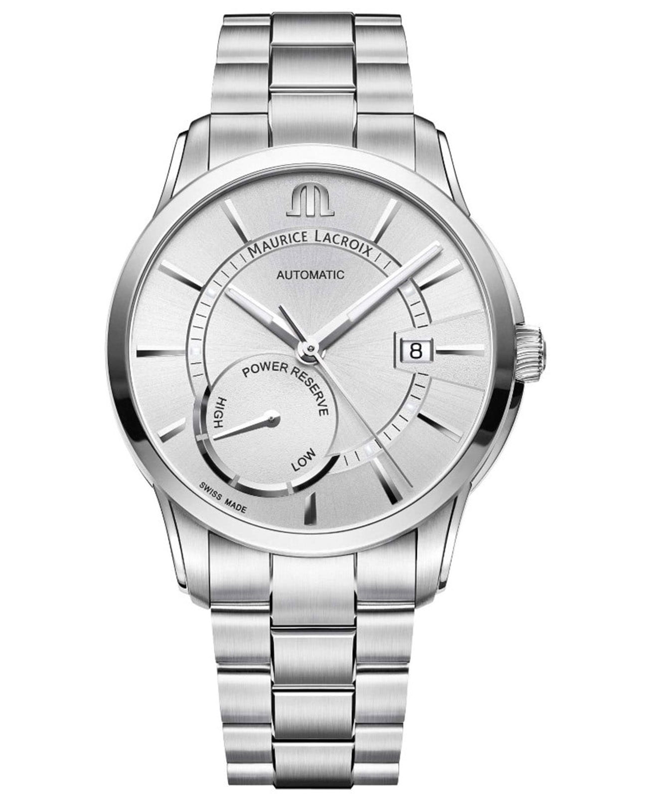 Maurice Lacroix Maurice Lacroix Pontos Day Date PT6368-SS002-130-1  PT6368-SS002-130-1 механические мужские часы серебристый циферблат, браслет нержавеющая сталь — вид спереди