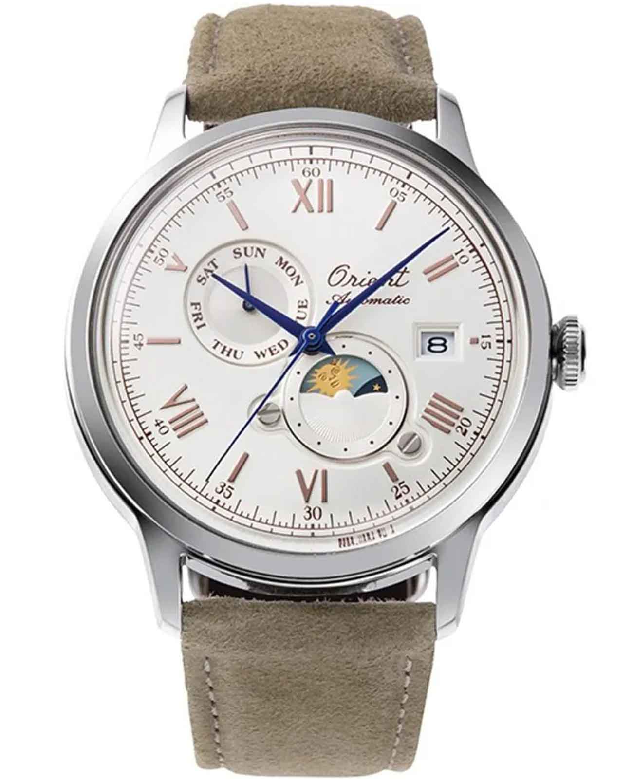 Orient Orient Sun & Moon RA-AK0808S (RN-AK0808S)  RA-AK0808S механические мужские часы бежевый циферблат, браслет кожаный — вид спереди