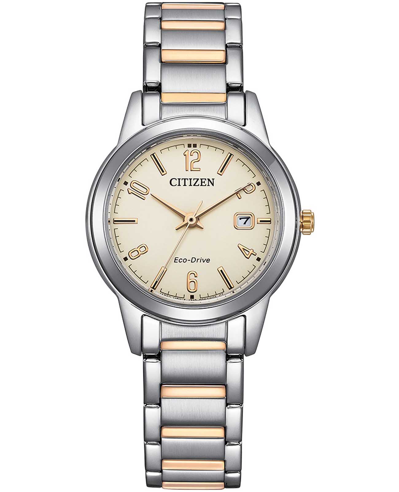Citizen Citizen Eco-Drive FE1244-72A  FE1244-72A кварцевые женские часы желтый циферблат, браслет нержавеющая сталь с ip-покрытием — вид спереди