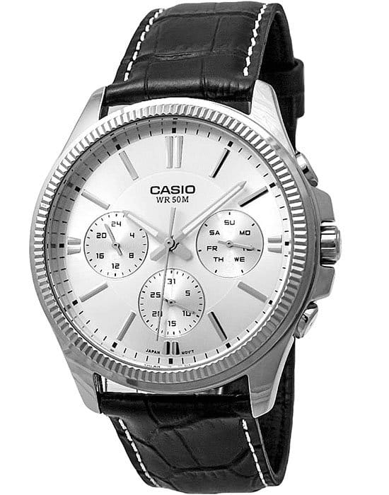 Casio Casio Collection MTP-1375L-7AVDF (MTP-1375L-7A)  MTP-1375L-7A кварцевые мужские часы серебристый циферблат, браслет кожаный — вид спереди