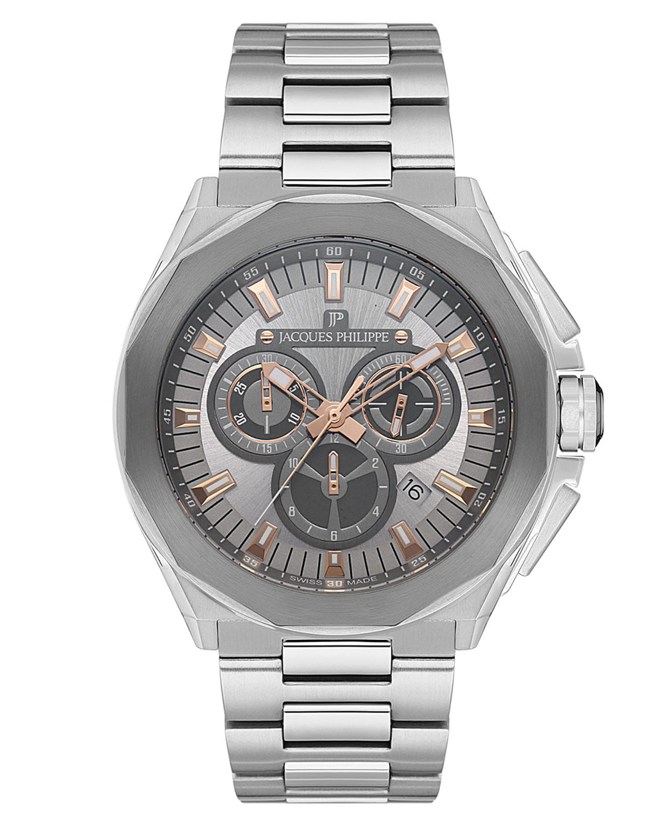 Jacques Philippe Jacques Philippe Merces Chrono JPQGC301346  JPQGC301346 кварцевые мужские часы серый циферблат, браслет нержавеющая сталь — вид спереди
