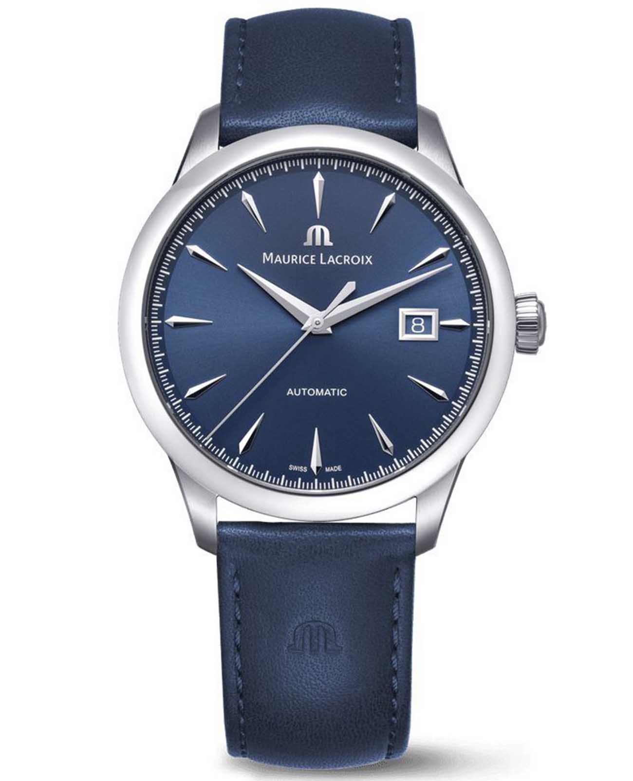 Maurice Lacroix Maurice Lacroix 1975 756008-SS001-430-4  756008-SS001-430-4 механические мужские часы синий циферблат, браслет кожаный — вид спереди