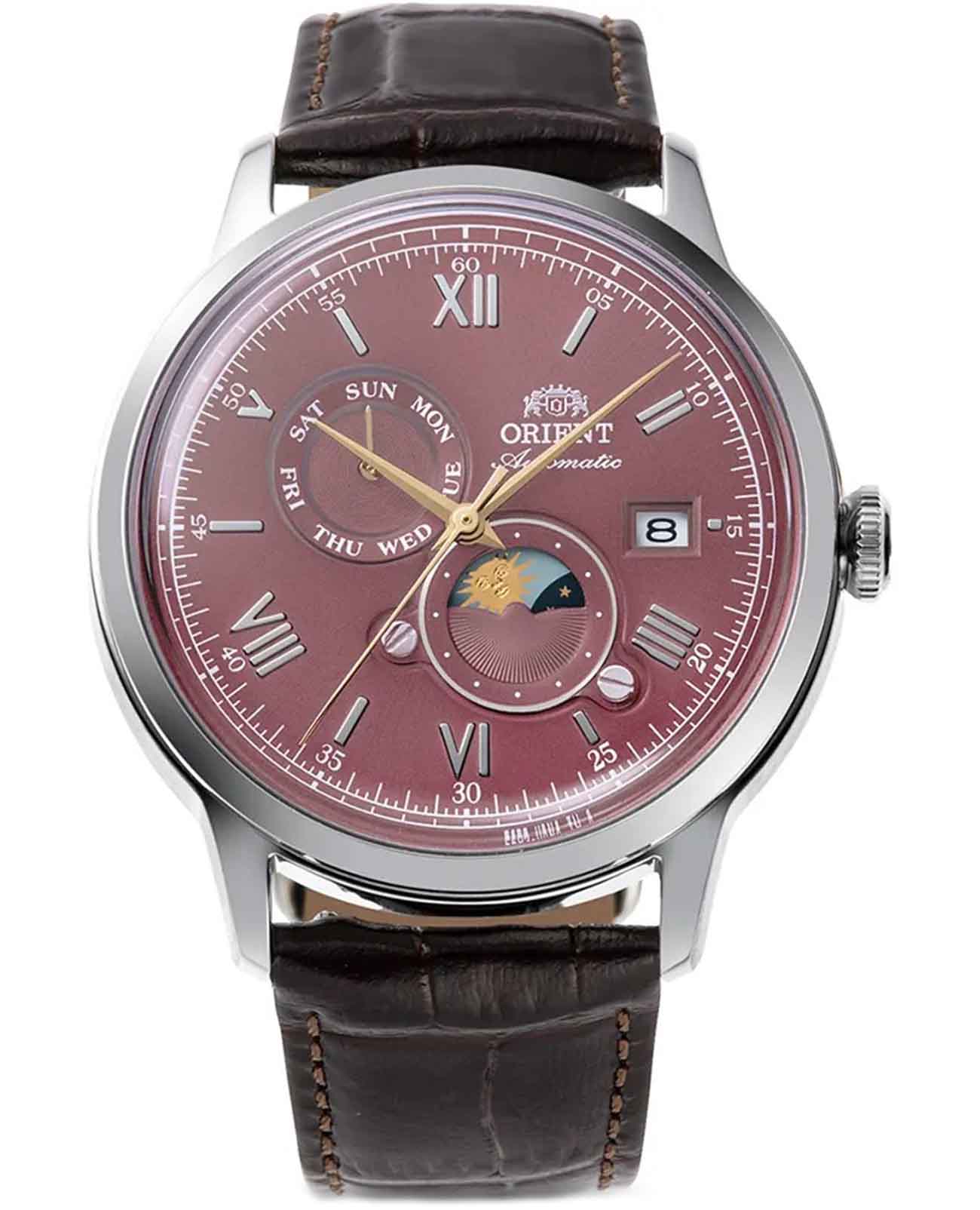 Orient Orient Sun & Moon RA-AK0807R (RN-AK0807R)  RA-AK0807R механические мужские часы бордовый циферблат, браслет кожаный — вид спереди