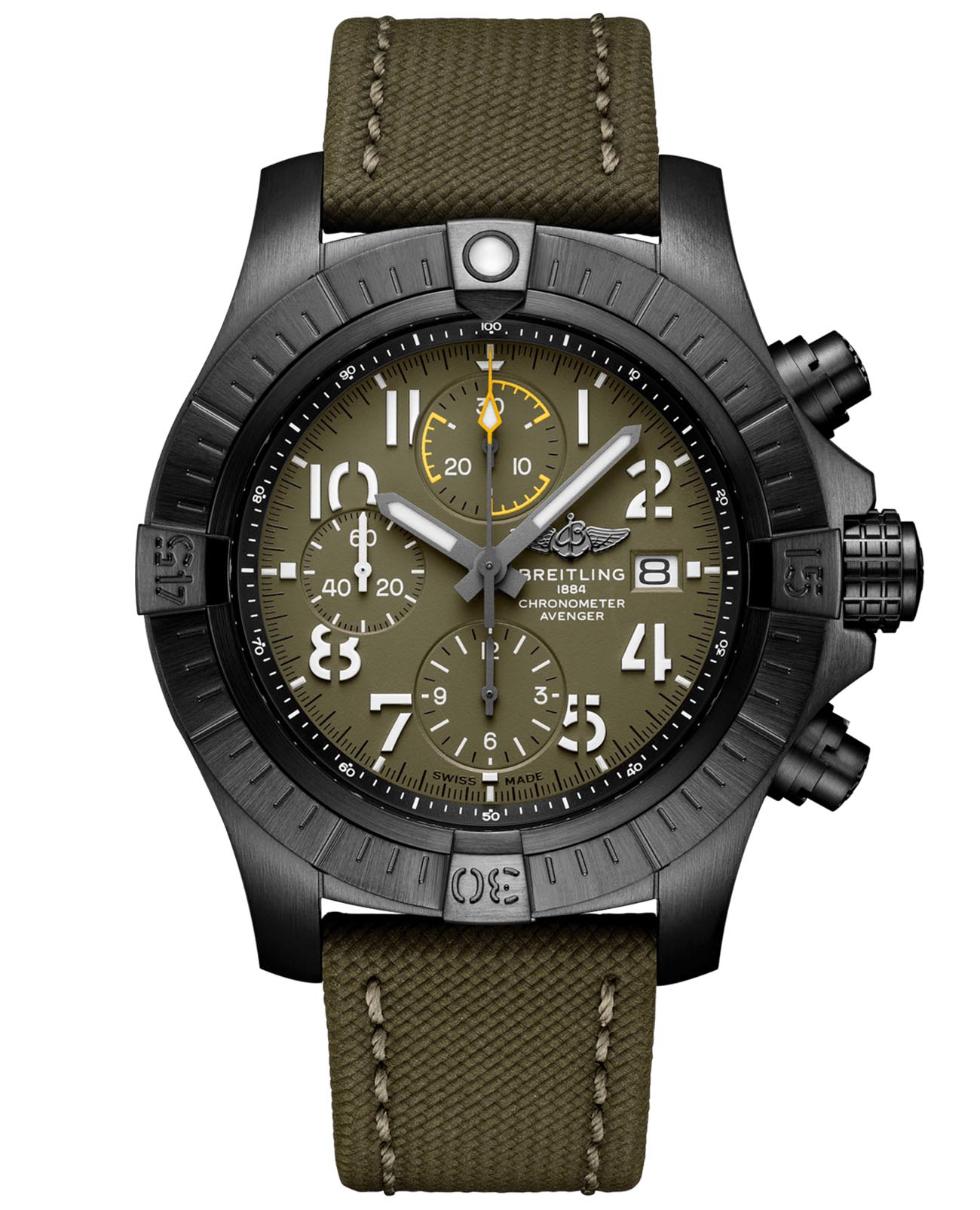 Breitling Breitling Avenger Chronograph 45 Night Mission V13317101L1X1  V13317101L1X1 механические мужские часы зеленый циферблат, браслет кожаный — вид спереди