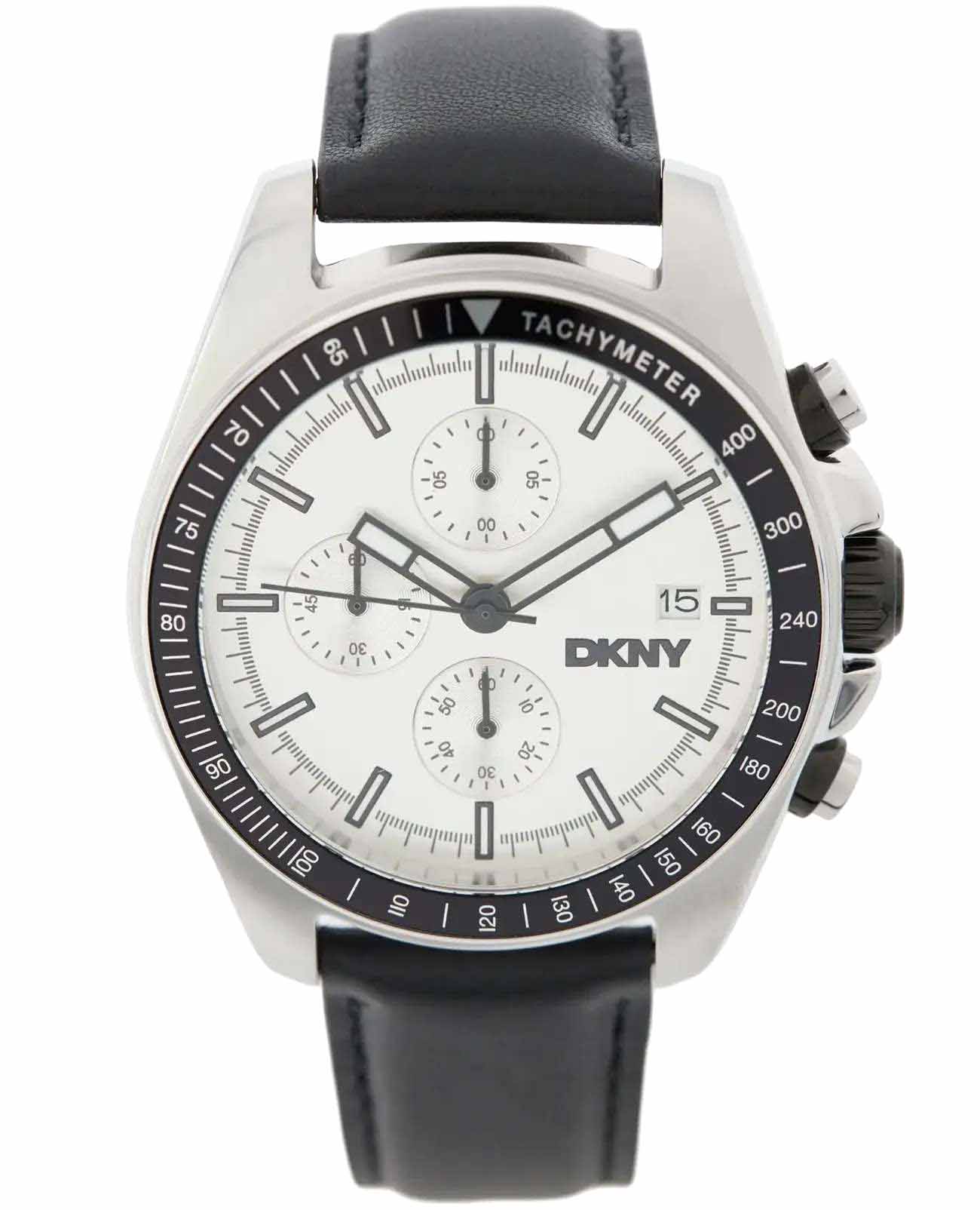 DKNY DKNY Central Park Chrono DK1G049L0035  DK1G049L0035 кварцевые мужские часы серебристый циферблат, браслет кожаный — вид спереди