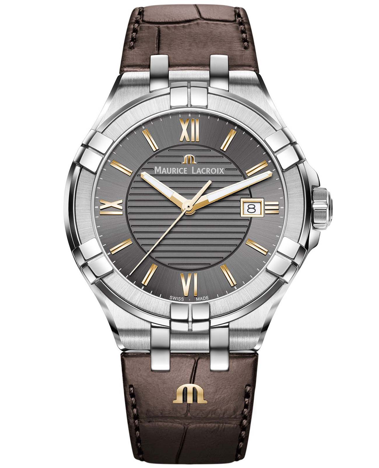 Maurice Lacroix Maurice Lacroix Aikon Date AI1008-SS001-333-1  AI1008-SS001-333-1 кварцевые мужские часы серый циферблат, браслет кожаный — вид спереди