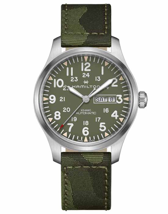 Hamilton Hamilton Khaki Field Day Date Auto H70535061  H70535061 механические мужские часы зеленый циферблат, браслет тканевый — вид спереди