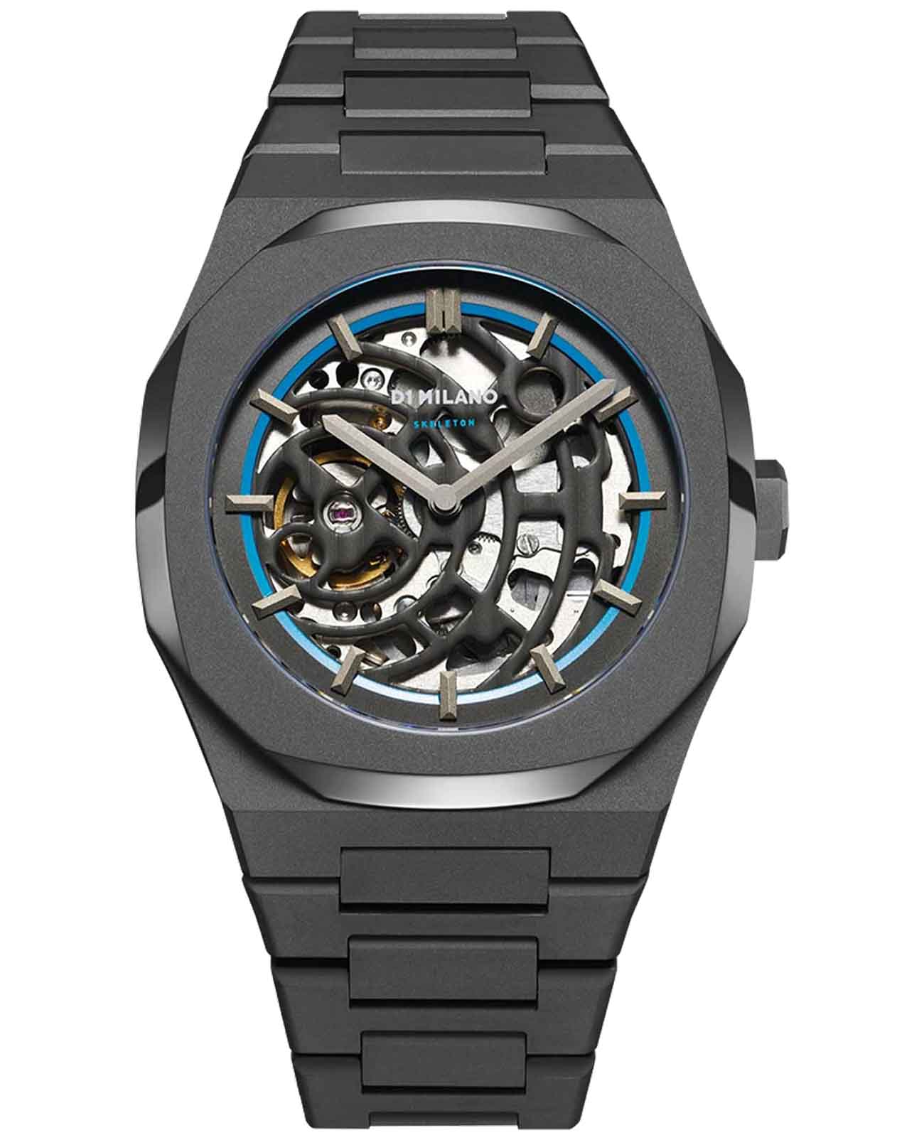 D1 Milano D1 Milano Skeleton SKBJ05  SKBJ05 механические мужские часы черный циферблат, браслет нержавеющая сталь с pvd-покрытием — вид спереди