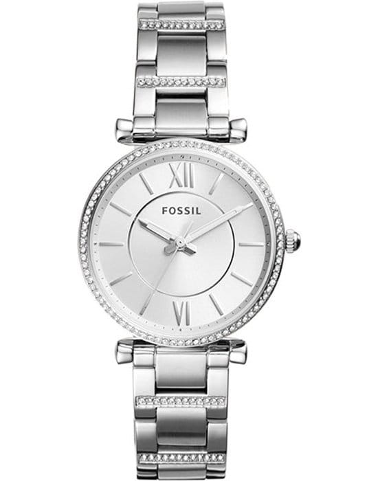 Fossil Fossil Carlie  ES4341  ES4341 кварцевые женские часы серебристый циферблат, браслет нержавеющая сталь + золото 18к — вид спереди