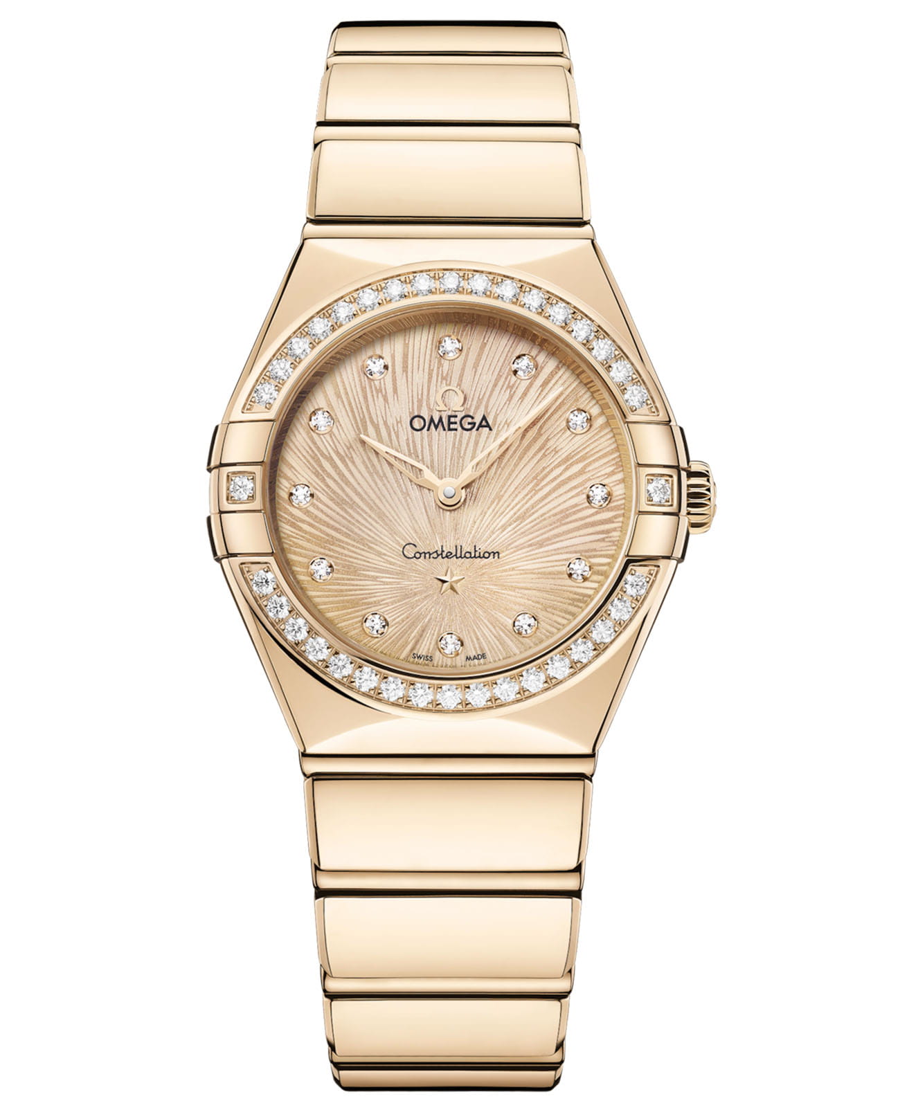 Omega Omega Constellation 131.55.28.60.58.001  13155286058001 кварцевые женские часы золотой циферблат, браслет 18-каратное желтое золото — вид спереди