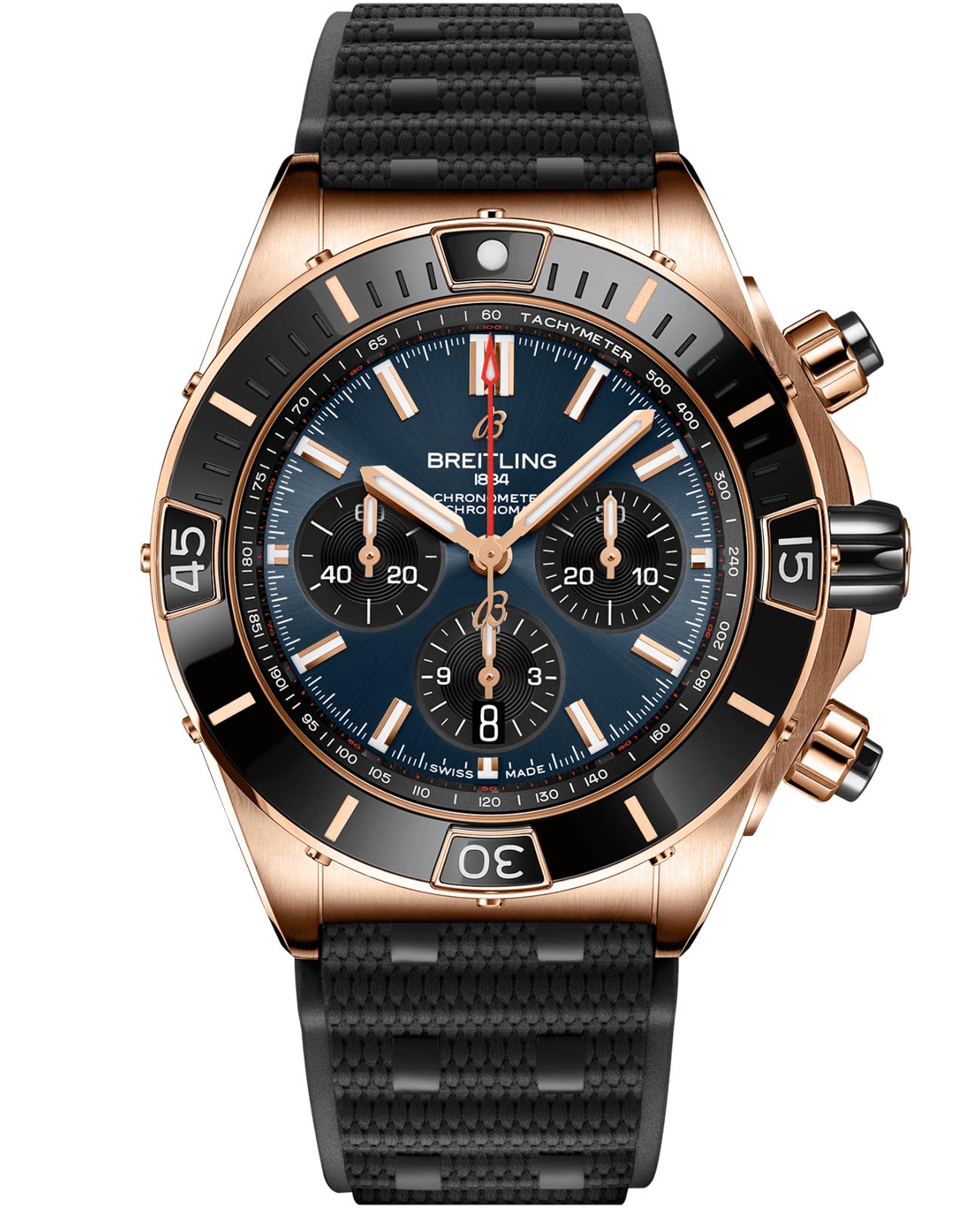 Breitling Breitling Super Chronomat B01 44 RB01362A1C1S1  RB01362A1C1S1 механические мужские часы синий циферблат, браслет каучук — вид спереди