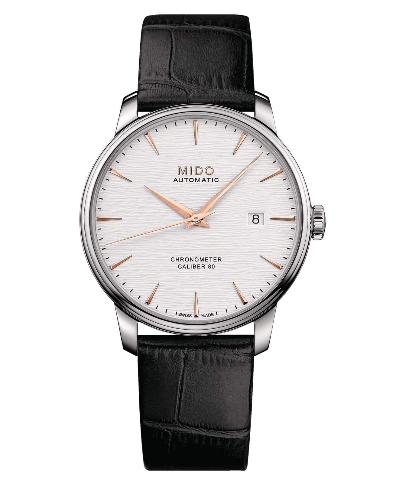 Mido Mido Baroncelli Chronometer Silicon Gent M027.408.16.031.00  M0274081603100 механические мужские часы белый циферблат, браслет кожаный — вид спереди