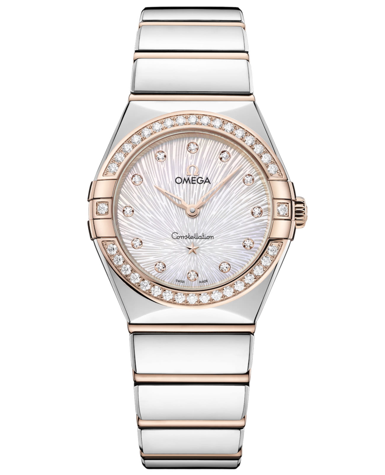 Omega Omega Constellation 131.25.28.60.55.003  13125286055003 кварцевые женские часы белый циферблат, браслет сталь + золото — вид спереди