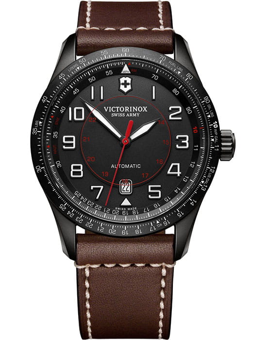 Victorinox Victorinox 241821  241821 механические мужские часы черный циферблат, браслет кожаный — вид спереди