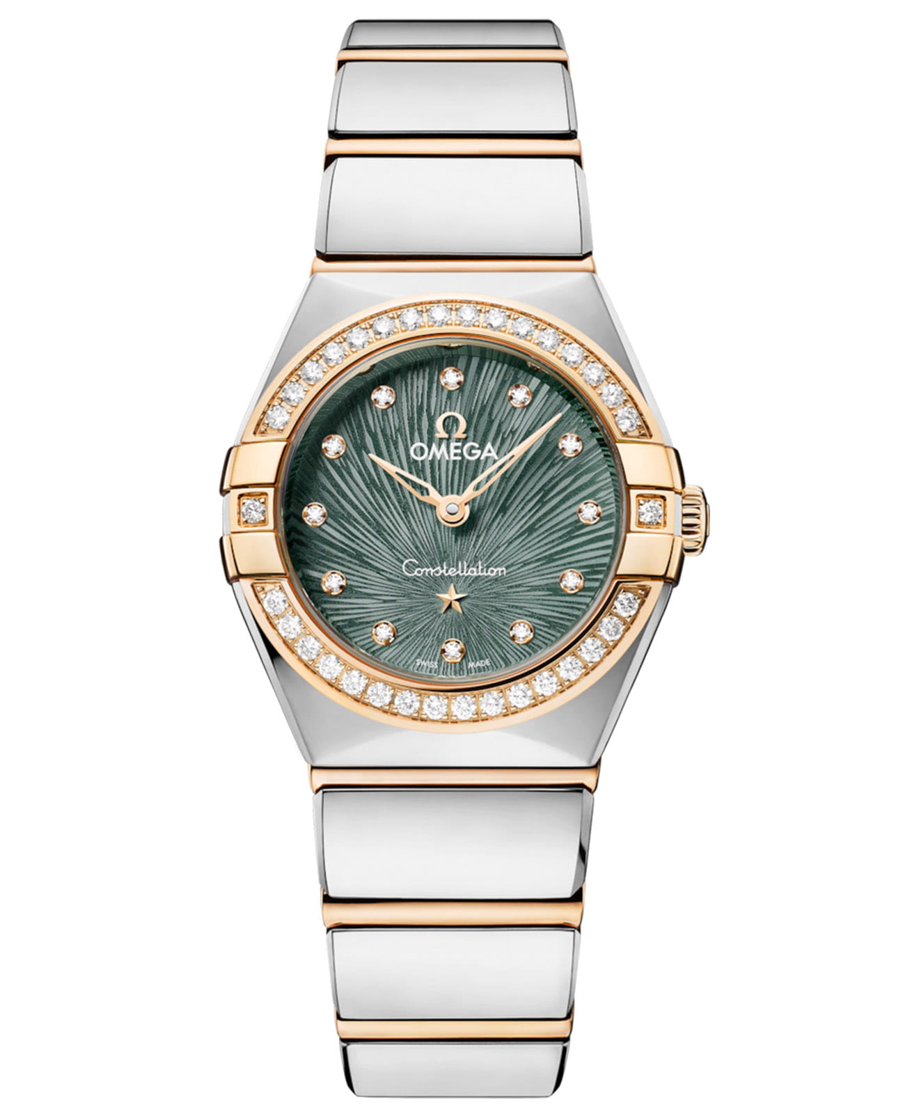 Omega Omega Constellation 131.25.25.60.60.001  13125256060001 кварцевые женские часы зеленый циферблат, браслет сталь + золото — вид спереди