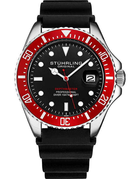 Stuhrling Stuhrling Aquadiver 3950R.3  3950R.3 кварцевые мужские часы черный циферблат, браслет силикон — вид спереди