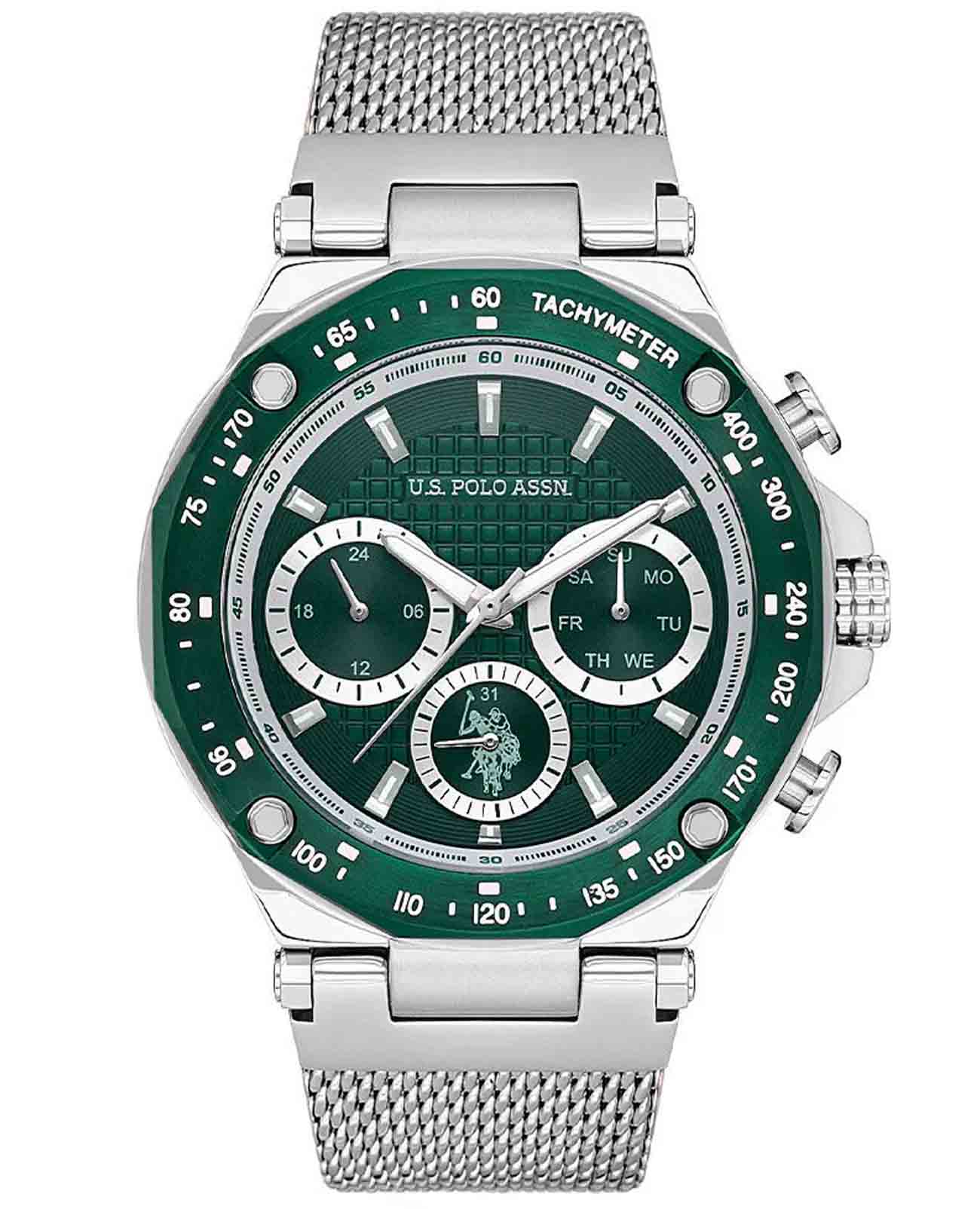 U.S. Polo Assn. U.S. Polo Assn. USPA1076-13  USPA1076-13 кварцевые мужские часы зеленый циферблат, браслет нержавеющая сталь — вид спереди