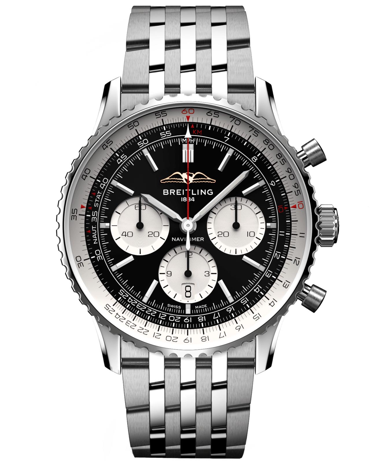 Breitling Breitling Navitimer B01 Chronograph 43 AB0138211B1A1  AB0138211B1A1 механические мужские часы черный циферблат, браслет нержавеющая сталь — вид спереди