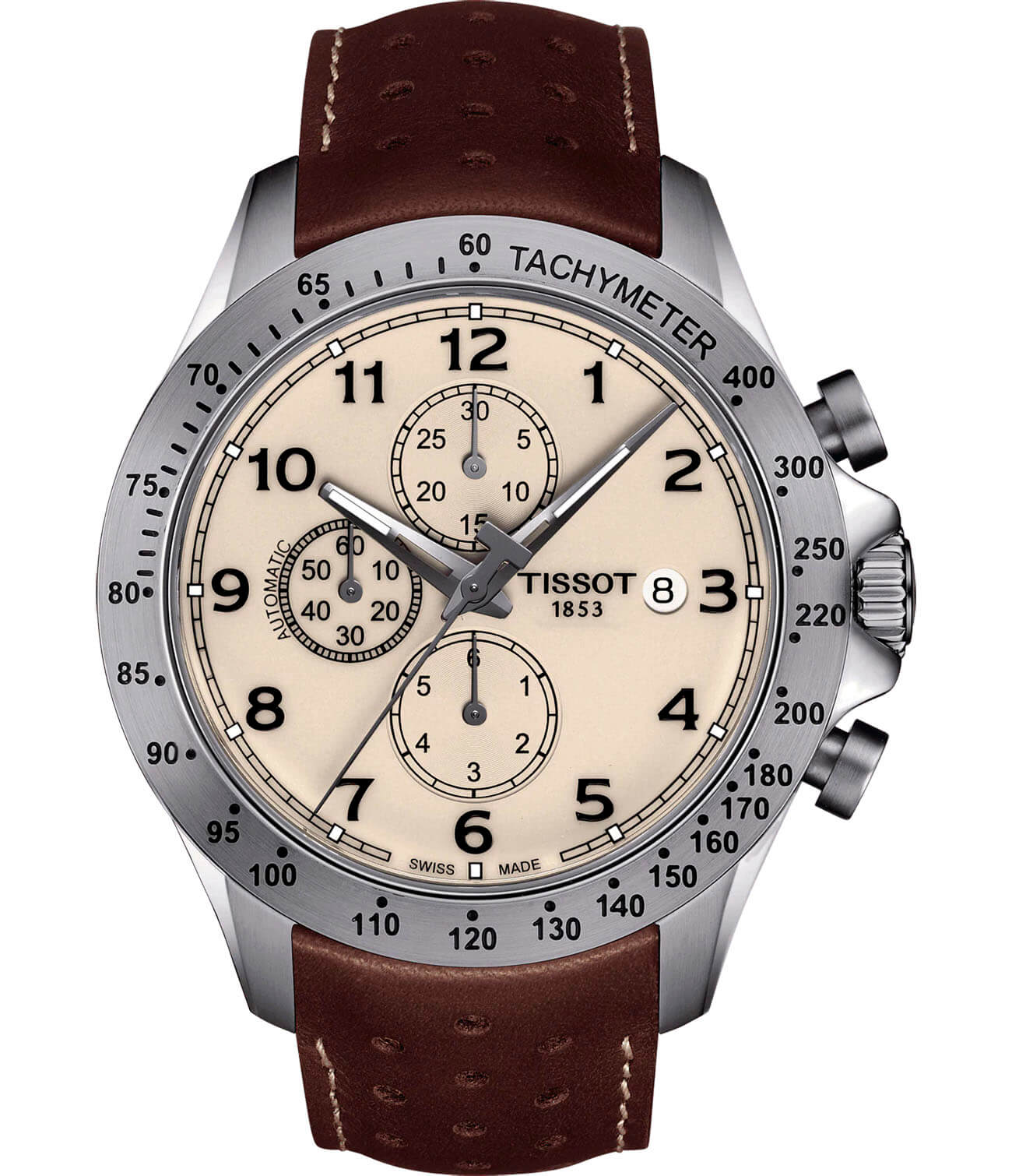 Tissot Tissot V8 Automatic Chronograph T106.427.16.262.00 V8  T1064271626200 механические мужские часы бежевый циферблат, браслет кожаный — вид спереди