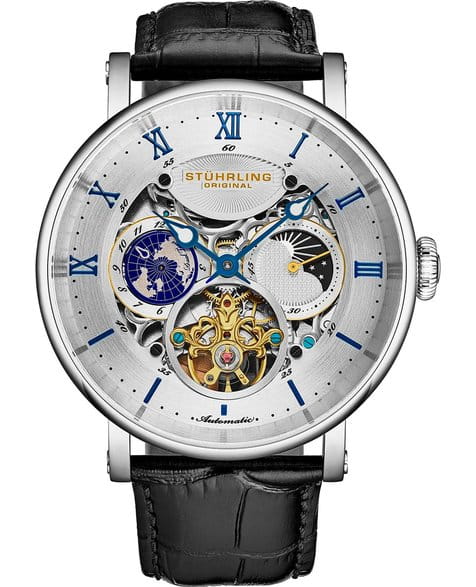 Stuhrling Stuhrling Majestic 1015.01  1015.01 механические мужские часы серебристый циферблат, браслет кожаный — вид спереди