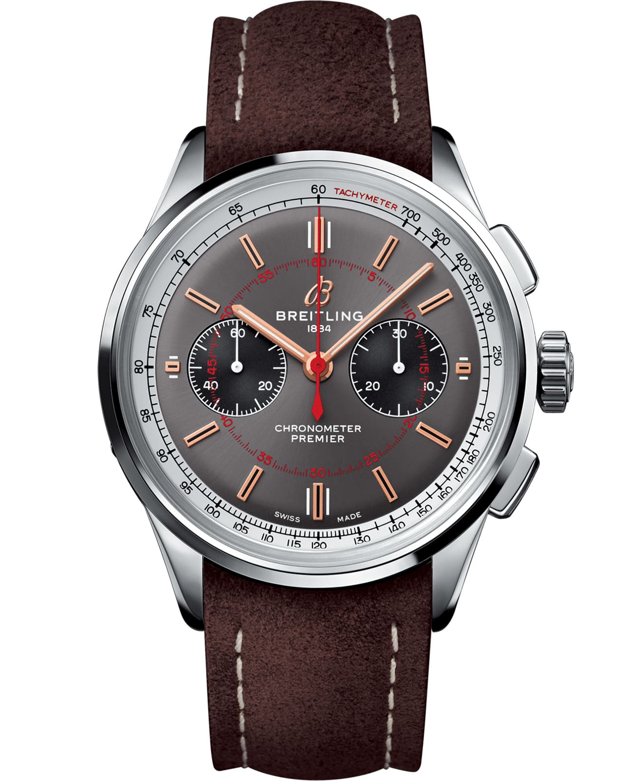 Breitling Breitling Premier B01 Chronograph 42 Wheels and Waves Limited Edition AB0118A31B1X2  AB0118A31B1X2 механические мужские часы серый циферблат, браслет кожаный — вид спереди