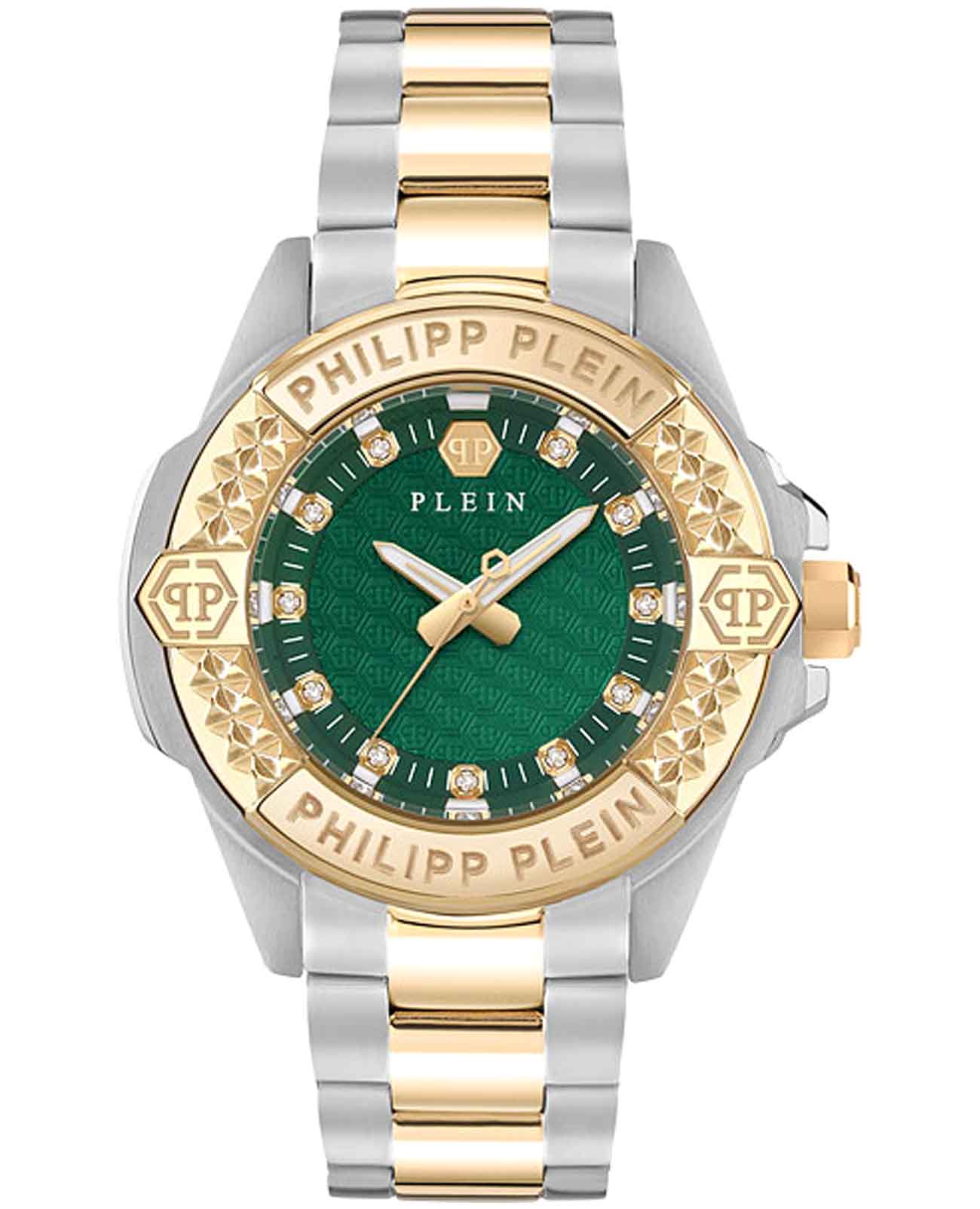 Philipp Plein Philipp Plein Plein Majesty PWOFA0625  PWOFA0625 кварцевые женские часы зеленый циферблат, браслет нержавеющая сталь с pvd-покрытием — вид спереди