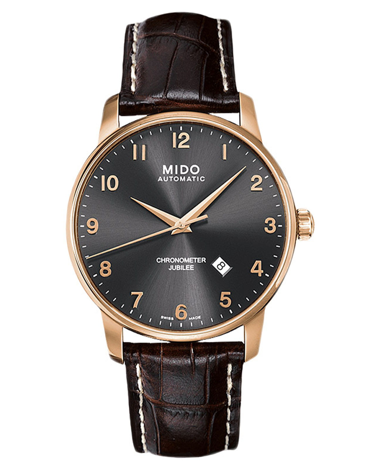 Mido Mido Baroncelli M8690.3.13.8  M86903138 механические мужские часы черный циферблат, браслет кожаный — вид спереди