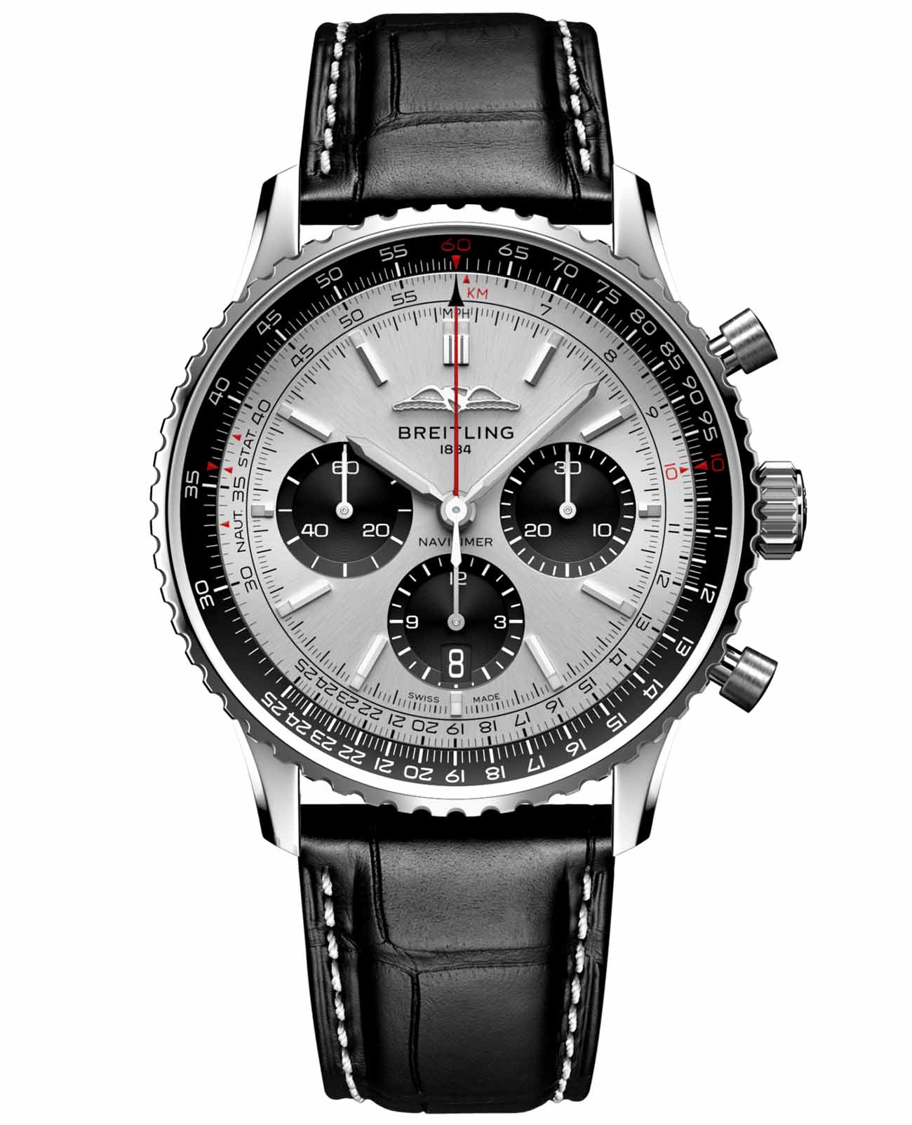 Breitling Breitling Navitimer B01 Chronograph 43 AB0138241G1P1  AB0138241G1P1 механические мужские часы серебристый циферблат, браслет кожаный — вид спереди