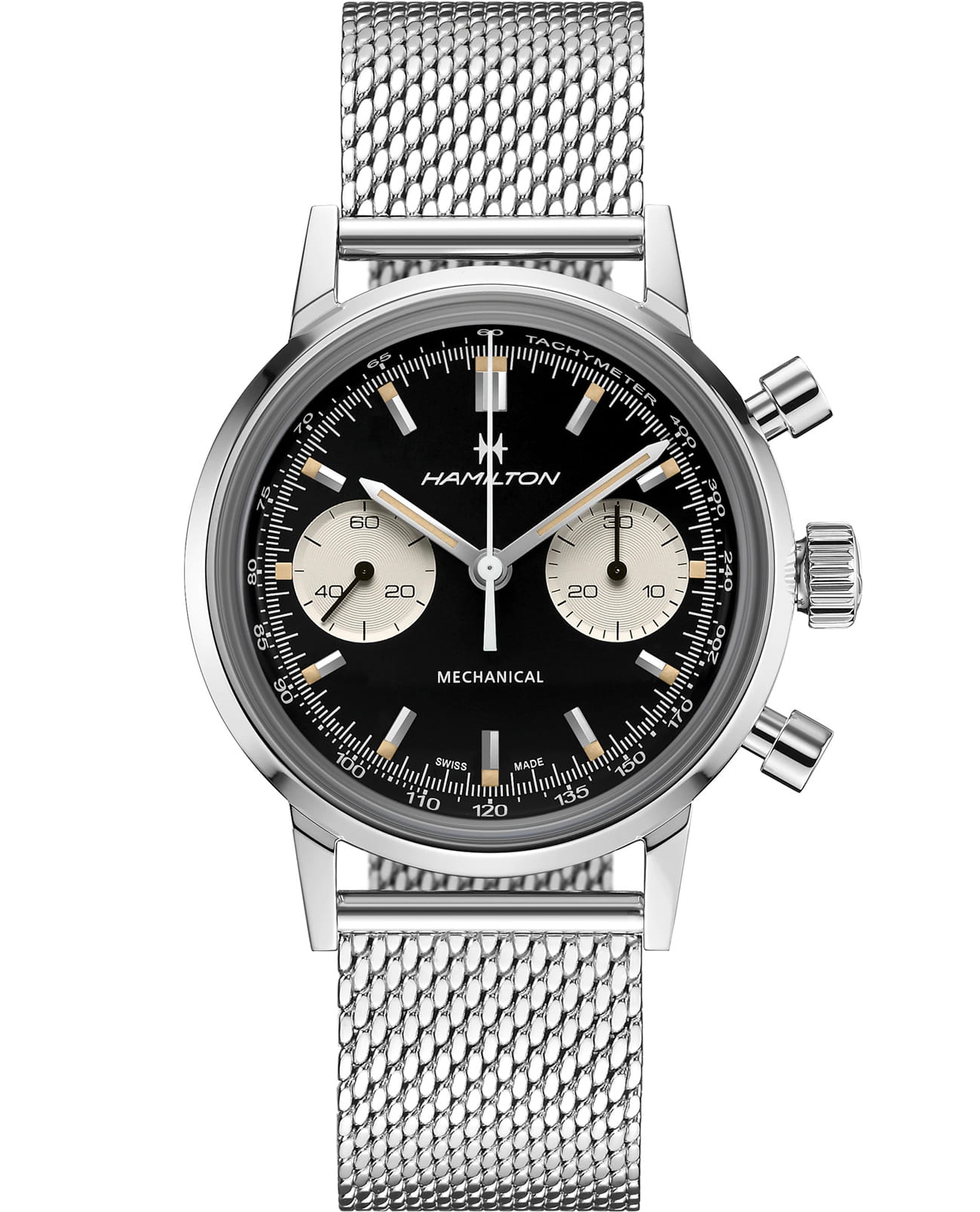 Hamilton Hamilton American Classic Intra-Matic Chronograph H H38429130  H38429130 механические мужские часы черный циферблат, браслет нержавеющая сталь — вид спереди