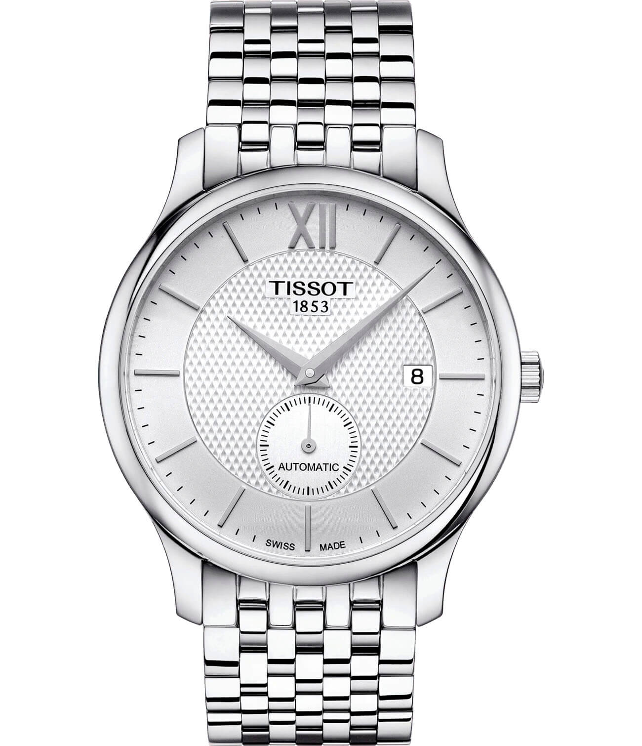 Tissot Tissot Tradition Automatic Small Second T063.428.11.038.00 Tradition T0634281103800 механические мужские часы белый циферблат, браслет нержавеющая сталь — вид спереди