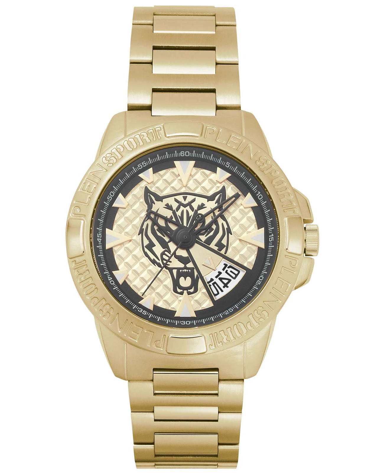 Plein Sport Plein Sport Touchdown PSFBA1123  PSFBA1123 кварцевые мужские часы золотой циферблат, браслет сталь с ip покрытием — вид спереди