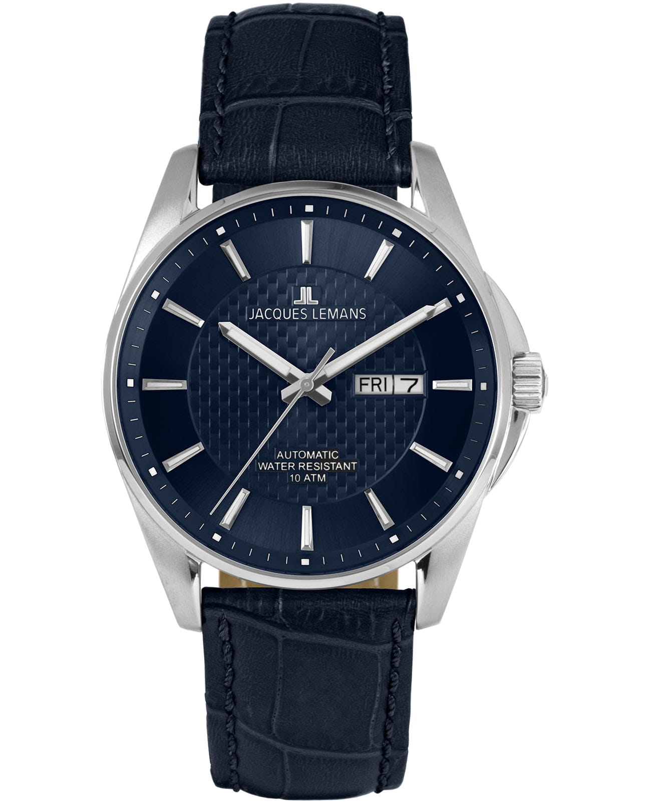 Jacques Lemans Jacques Lemans Automatic 1-2210D  1-2210D механические мужские часы синий циферблат, браслет кожаный — вид спереди
