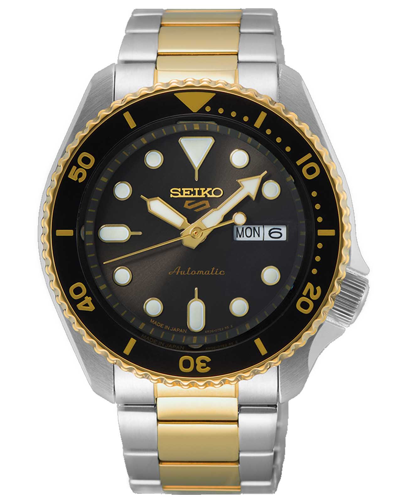 Seiko Seiko 5 Sports SRPK22  SRPK22 механические мужские часы черный циферблат, браслет нержавеющая сталь с pvd-покрытием — вид спереди
