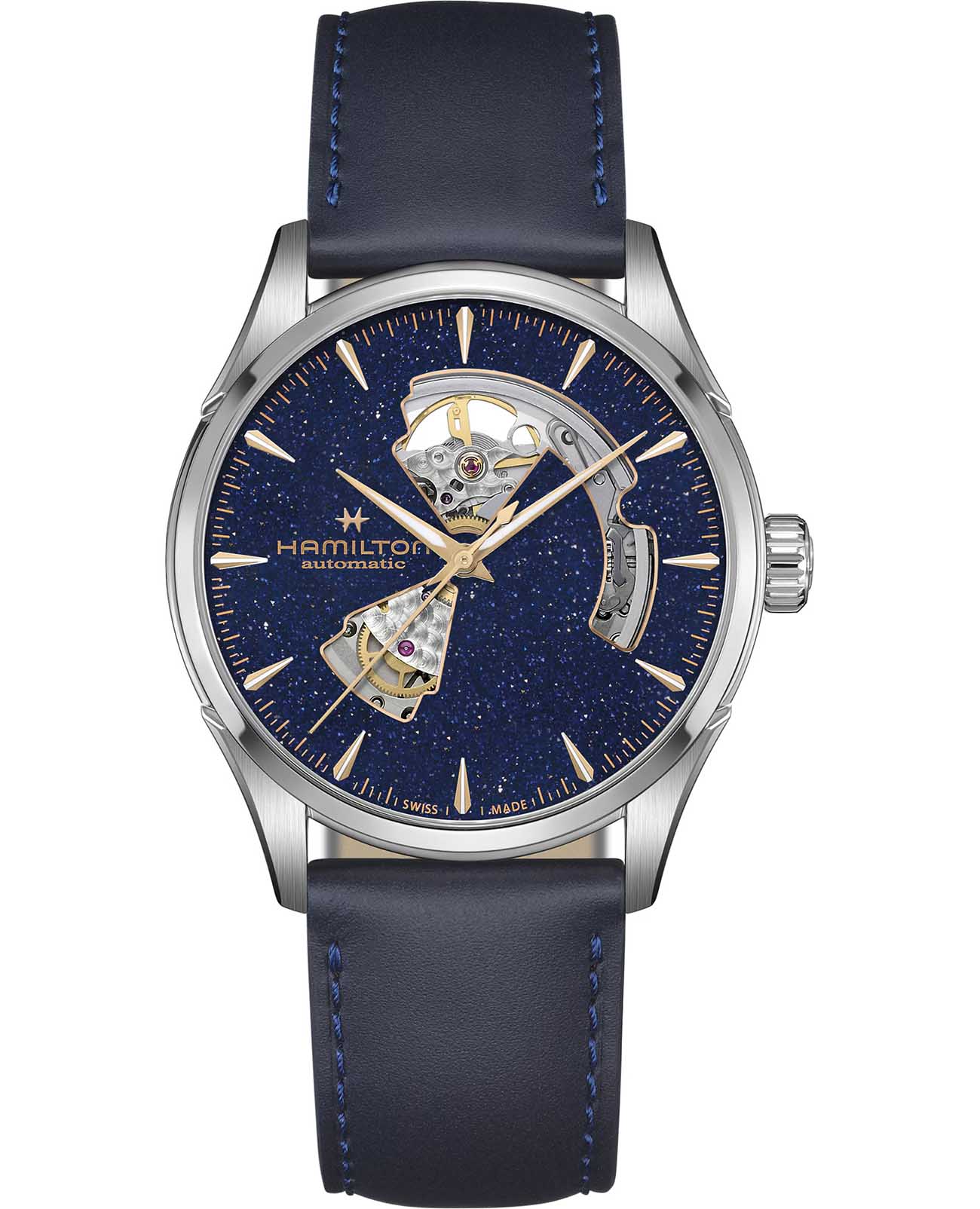 Hamilton Hamilton Jazzmaster Open Heart Auto H32705640  H32705640 механические мужские часы синий циферблат, браслет кожаный — вид спереди
