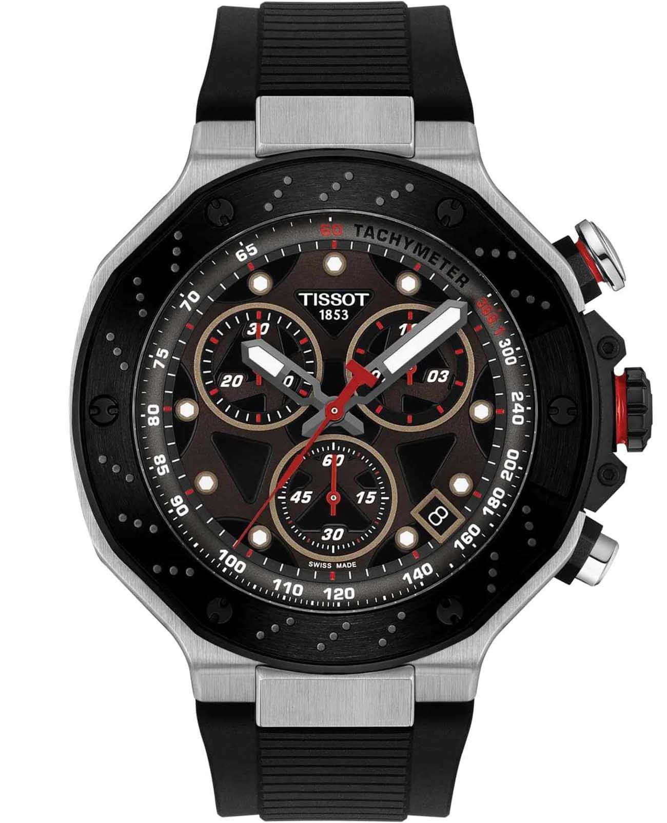 Tissot Tissot T-Race MotoGP Quartz Chronograph (2025) T141.417.27.081.00 T Race T1414172708100 кварцевые мужские часы черный циферблат, браслет каучук — вид спереди