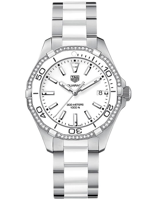 TAG Heuer TAG Heuer Aquaracer WAY131H.BA0914  WAY131H.BA0914 кварцевые женские часы белый циферблат, браслет сталь + керамические вставки — вид спереди