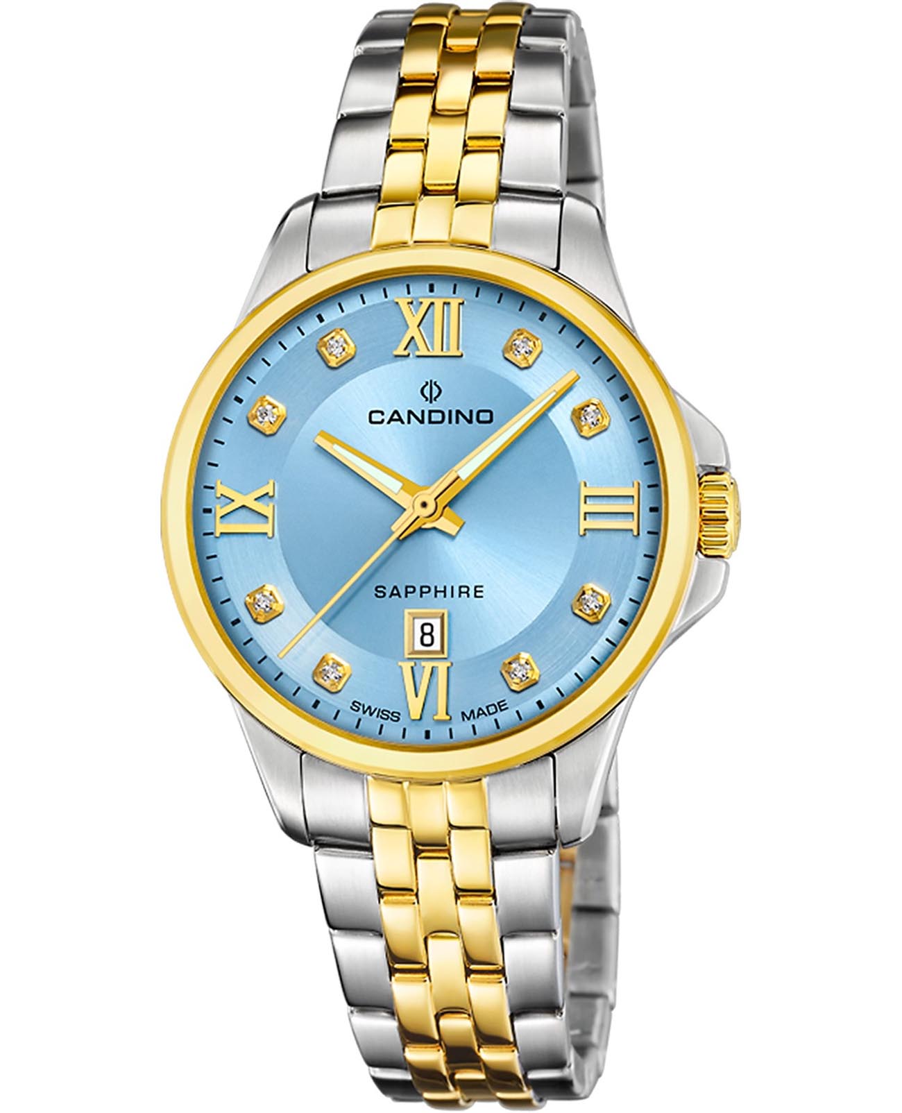 Candino Candino Lady Elegance Date C4767/2  C4767/2 кварцевые женские часы голубой циферблат, браслет нержавеющая сталь с pvd-покрытием — вид спереди