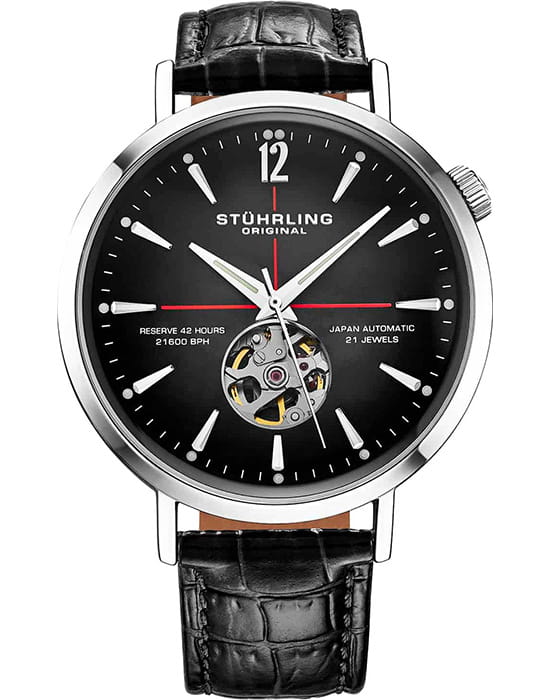 Stuhrling Stuhrling Quasar 1021.01  1021.01 механические мужские часы черный циферблат, браслет кожаный — вид спереди