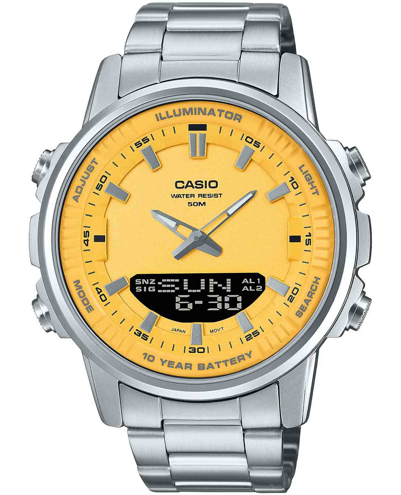 Casio Casio Collection AMW-880D-9AVDF (AMW-880D-9A)  AMW-880D-9A кварцевые мужские часы желтый циферблат, браслет нержавеющая сталь — вид спереди