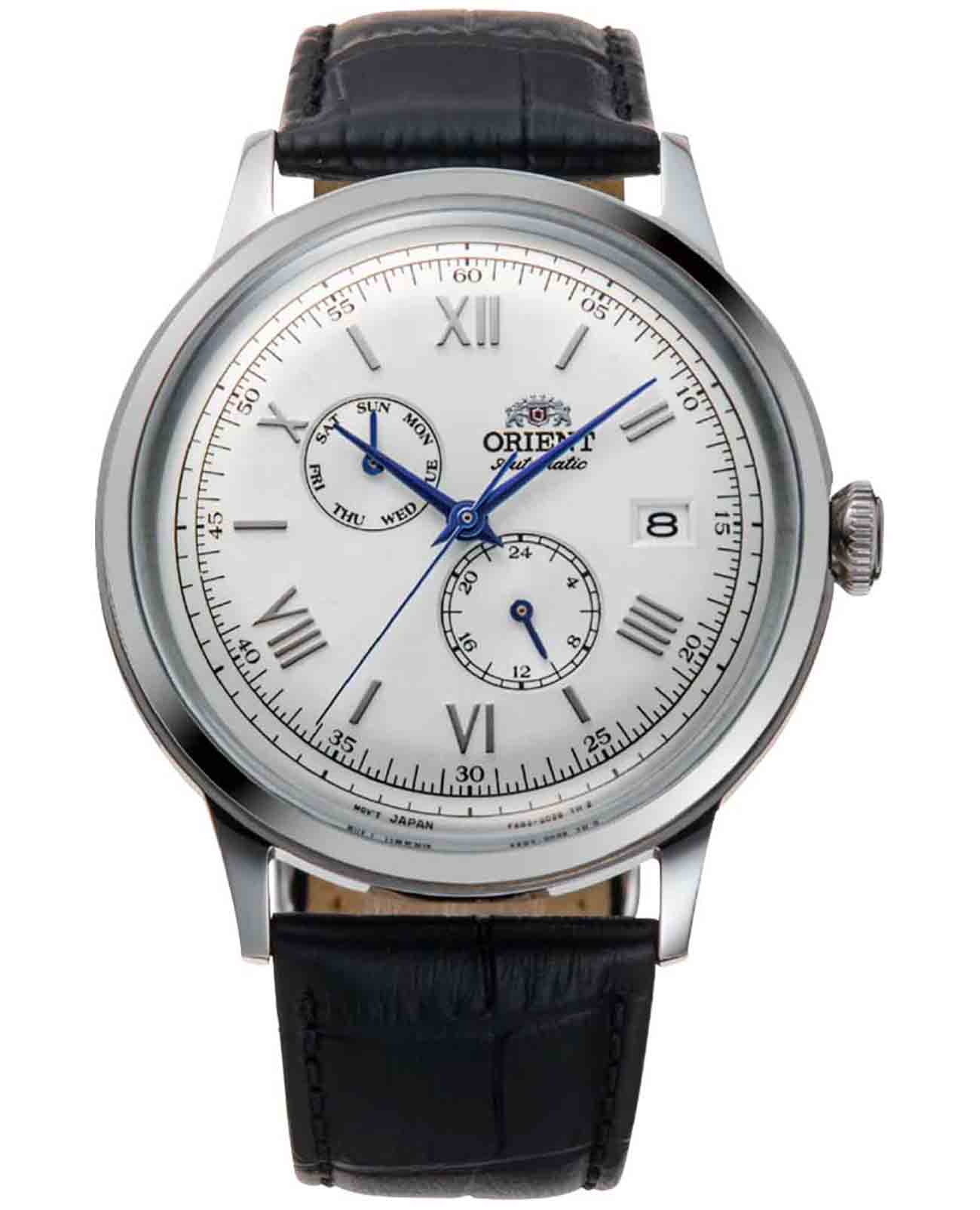 Orient Orient Bambino RA-AK0701S (RN-AK0701S)  RA-AK0701S механические мужские часы белый циферблат, браслет кожаный — вид спереди
